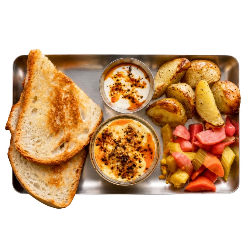 A metal tray with toasted bread, roasted potatoes, two dips, and pickled vegetables.